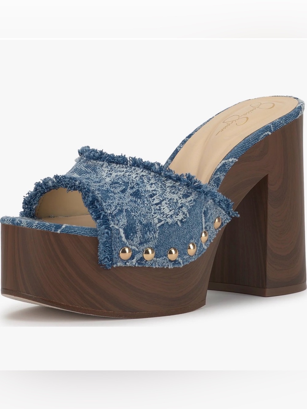 Jessica Simpson Blue Frayed Denim Stud Platform Slide